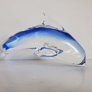 Blue Glass Jumping Dolphin Sculpture Figurine Cobalt Blue Porpoising Position